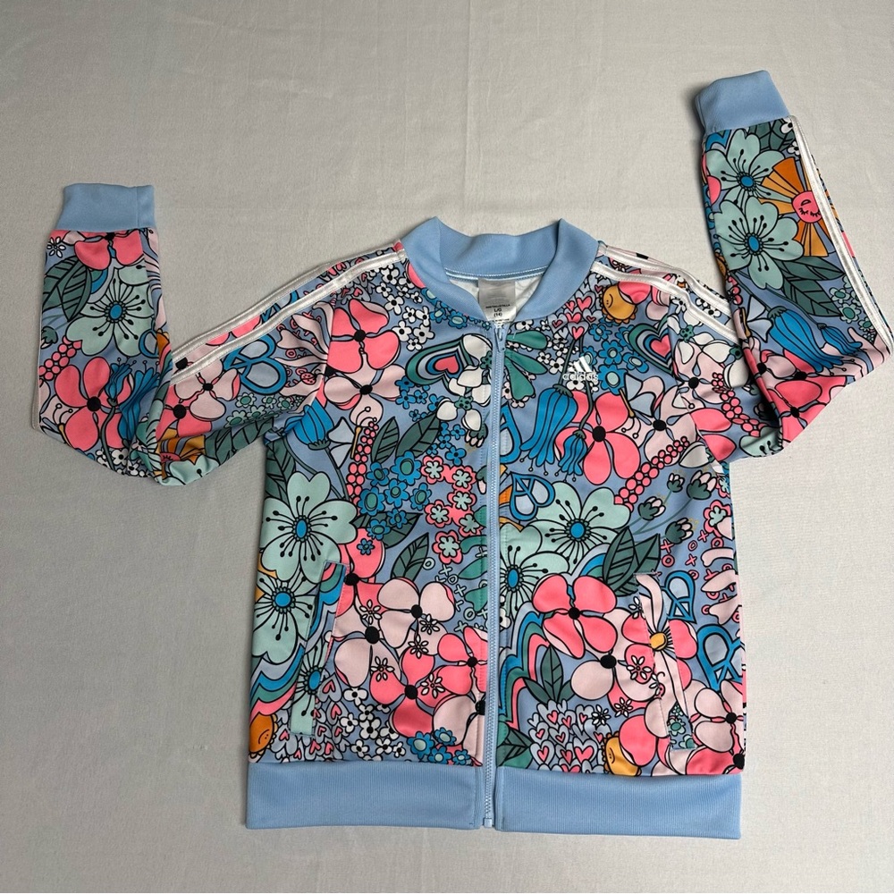 Adidas Floral Print Tricot Jacket Girls Lightweight Blue Sun Size Large 14